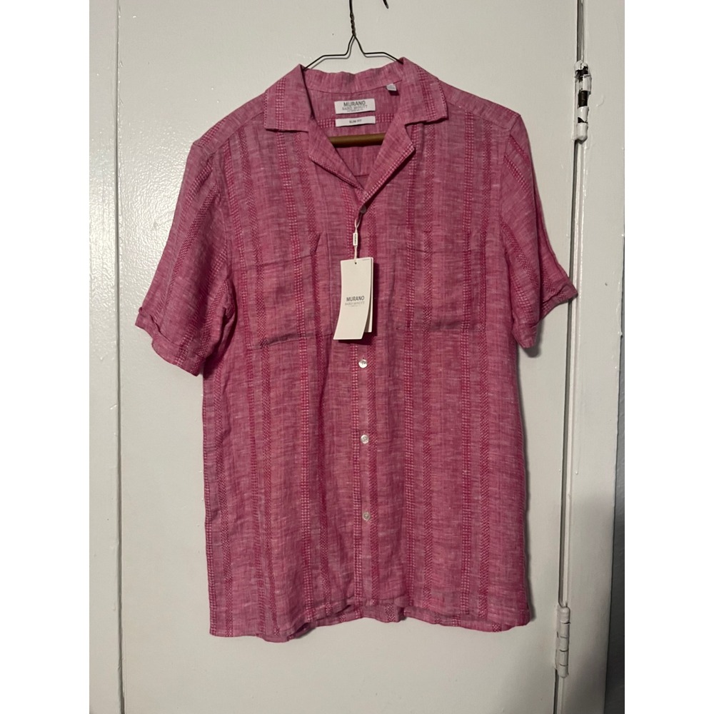 Murano Baird McNutt Pink Linen Shirt Slim Fit Camp Collar Short Sleeve Small NEW